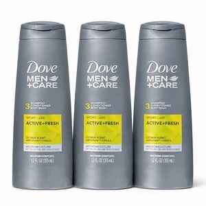 Dove Men Care Active Fresh 3 in‎ 1 Shampoo Conditioner Body Wash 12 oz 3 Pack